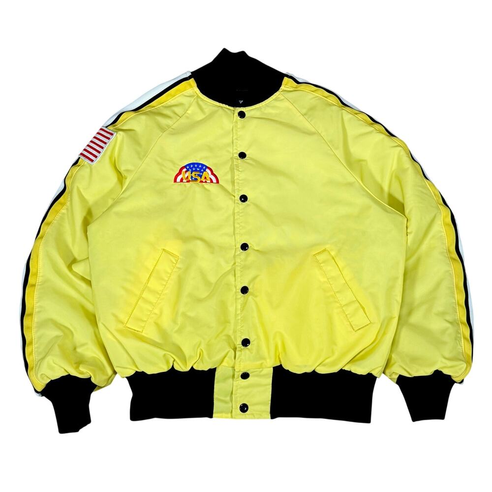 Vintage USA Flag Satin Bomber Jacket Yellow Black Snap Front Mens Medium